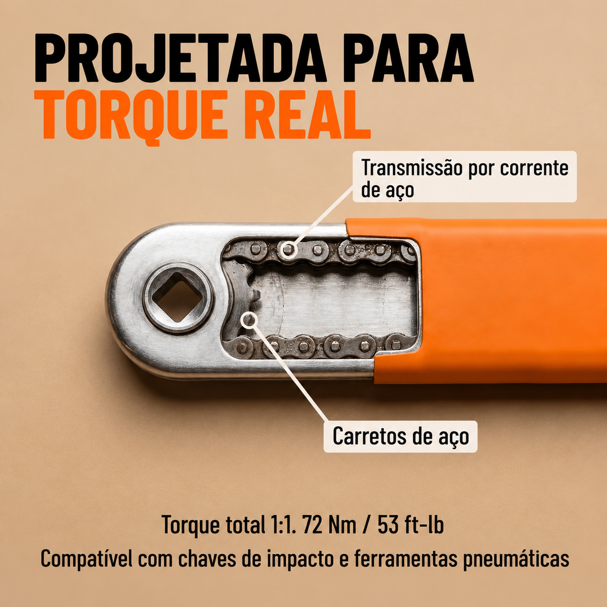 Ferrox – Projetada para torque real: corrente de aço, 72 Nm