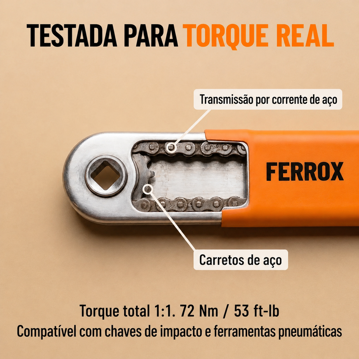 Ferrox – Testada para torque real: corrente de aço, 72 Nm